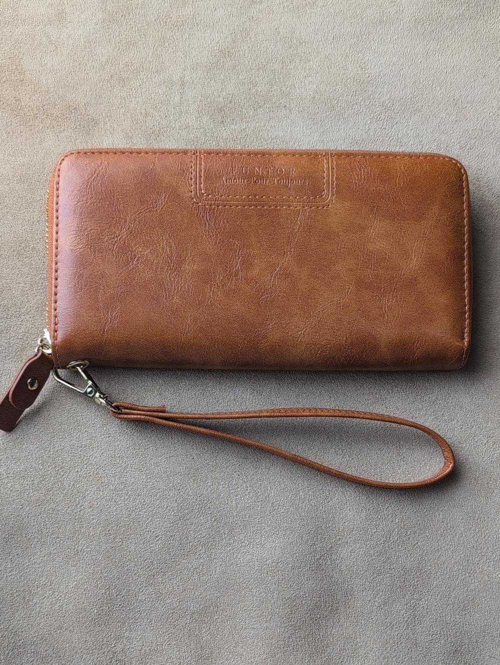 FUNTOR Brown Vegan Leather Zip Around Wristlet Wallet